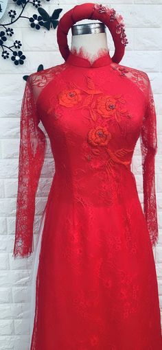 Beautiful traditional Vietnamese Ao Dai made to fit your measurements! - Choose between 4 styles - Red color with with beaded lace patterns on the bodice - Optional head piece at extra cost: please message us with a style you want - Price include pants for the lady's Ao dai The dress will need 2-3 weeks to be made. Please send us your body measurements (see last image) after payment. For peace of mind, photos of your dress before shipment can also be sent. Faster shipping available as an upgrade Lace Ao Dai, Traditional Vietnamese Wedding, Traditional Couple, Vietnamese Ao Dai, Vietnamese Wedding, Head Piece, Lace Patterns, Bridal Lace, Beaded Lace