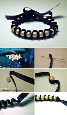 the instructions for making a beaded bracelet with ribbon and pearls are shown in four different pictures