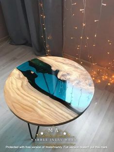 a wooden table with blue and black marble on it