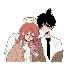 two anime characters one with red hair and the other wearing an angel halo holding a cell phone