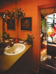 a bathroom with orange walls and plants on the counter