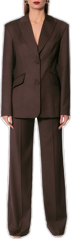 Classic Tailored Pantsuit For Fall, Classic Tailored Fall Pantsuit, Tailored Classic Pantsuit For Fall, Classic Fall Pantsuit With Notch Lapel, Classic Fall Pantsuit For Tailoring, Timeless Fall Semi-formal Pantsuit, Timeless Fall Pantsuit For Semi-formal Occasions, Elegant Fitted Brown Pantsuit, Fall Office Pantsuit With Structured Boning