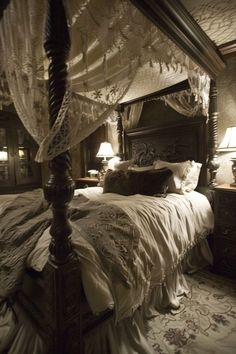 an old fashioned bedroom with four poster bed