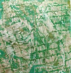 an abstract painting with green and white paint on it's surface, including small squares