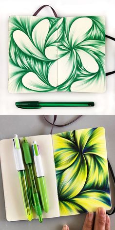 two notebooks with green and white designs on them, one is open and the other has