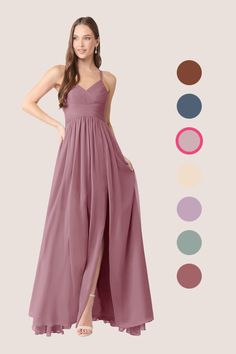 a woman in a long dress standing next to color swatches and the image shows an assortment of colors