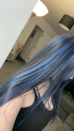 Blue Hair Skunk Stripe, Black N Blue Hair, Blue Skunk Highlights, Highlights Brown Hair Blue, Underdye Hair Blue, Dark Brown Hair With Blue Underneath, Black And Blue Hair Underneath, Dark Blue Hair With Light Blue Streaks, Blue Calico Hair