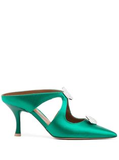 emerald green silk satin crystal embellishment cut-out detailing pointed toe slip-on style branded leather insole 75mm stiletto heel leather sole Shoe Closets, Malone Souliers, Shoe Closet, Crystal Embellishment, Green Silk, Stiletto Heel, Pump Shoes, Silk Satin, Emerald Green