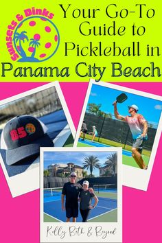 two people standing next to each other with the words, your go - to guide to pickleball in panama city beach