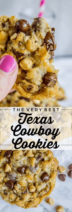 the very best texas cowboy cookies are made with chocolate chips and oatmeal