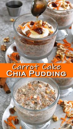 carrot cake chia pudding in glass bowls with spoons