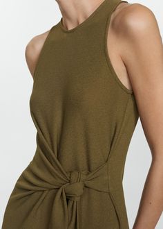 Bow knitted dress - Woman | MANGO USA Sleeveless Knit Dress, Dress Woman, Womens Knit Dresses, Tie Waist Dress, Khaki Dress, Knitted Dress, Trends 2024, Dress Shapes, Floor Length Dresses