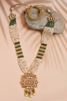 Gold plated carved kundan pendant necklace with green stones and pearl multi strings. - Aza Fashions Necklace With Green Stones, Types Of Work, Green Stones, Green Pearls, Green Necklace, Green Stone, Aza Fashion, Gold Plate, Jewelry Necklaces