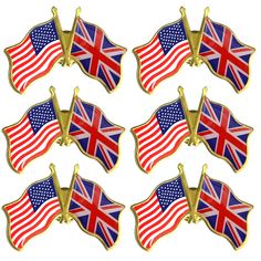 six british and american flags lapel pins with gold trimmings on white background