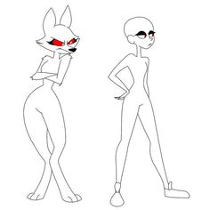 two cartoon characters with red eyes, one in a cat suit and the other in a bodysuit