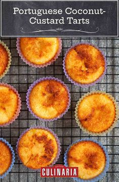 the cover of portuguese coconut - custard tarts is shown on a cooling rack