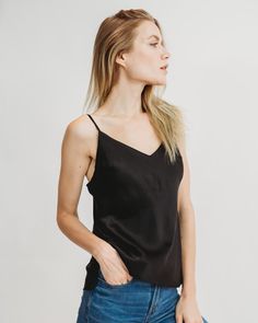 Signature Silk Cami - Midnight Black – BL.TOPS Black Silk Top, Silk Cami Top, Strapless Bras, Black Cami Top, Model Poses Photography, Silk Cami, Silk Slip Dress, Silk Charmeuse, Silk Slip