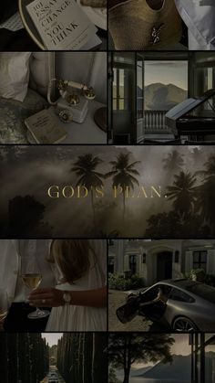 a collage of photos with the words god's plan written in gold on them