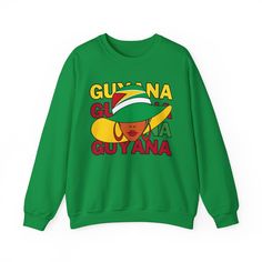 Represent your Guyanese heritage with this bold and vibrant Guyana flag sweatshirt! Made with soft, comfortable fabric, it features the iconic Golden Arrowhead in striking colors. Embrace the spirit of Guyana with its cozy feel and classic fit, perfect for showing your pride at events, gatherings, or simply for everyday wear.  Wear your love for the Land of Many Waters with this stylish, comfortable statement piece. Features: Ultra-comfortable and ideal for everyday wear. Polyester/cotton blend ensures durability and vibrant designs. Ribbed knit collar won't lose its shape over time. No itchy side seams due to tubular knit construction. Green Pre-shrunk Hoodie With Crew Neck, Green Long Sleeve Fan Apparel Top, Green Fan Apparel Sweatshirt, Multicolor Long Sleeve Sweatshirt With Screen Print, Green Pre-shrunk Crew Neck Hoodie, Green Fleece Tops With Letter Print, Green Fleece Top With Letter Print, Green Crew Sweater With Graphic Print, Multicolor Fleece Crew Neck Sweatshirt