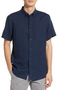 Nordstrom Solid Linen Short Sleeve Button-Down Shirt | Nordstrom Mens Blue Short Sleeve Shirt, Classic Flax Button-up Shirt, Solid Linen Button-up Shirt, Classic Collared Shirt In Flax Color, Collared Linen Shirt With Button Closure, Solid Color Linen Shirt With Placket, Casual Flax Shirt With Button Closure, Linen Collared Shirt With Button Closure, Solid Linen Shirt With Placket