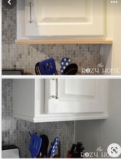 two pictures of the same kitchen counter with blue and white utensils on it