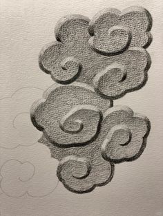 a drawing of some clouds in the sky with one cloud coming out of it's center