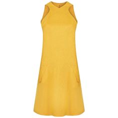 This vibrant 1960s yellow lined Mod-style mini dress is by popular US designer Geoffrey Beene celebrated for his craftsmanship, attention to detail and relaxed wearable designs. This classic design is a minimalist A-line cut finishing below the knee in heavy duty linen fabric and lined throughout in yellow silk. It is sleeveless with a small V neckline and flattering cut away shoulders. There is an upward facing zig zag seam with a peak above each breast to accentuate the bust and slanted forwards facing pockets level with the hip on either side with a central zip fastening at the reverse. This timeless piece is of exceptional quality and in superb vintage condition. Would fit up to a size US size 6, UK size 10. MEASUREMENTS: BUST- 34 in. (86.36 cm) WAIST - 34 in. (86.36 cm) HIP - 38 in. ( Yellow Linen Dress, The Cher Show, Cher Show, Grecian Gown, Fake Skin, Glenn Close, Fashion Png, Floral Cotton Dress, Sixties Fashion