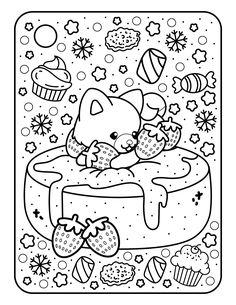 a hello kitty coloring page with cupcakes and other items