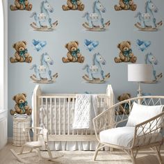 a baby's room with teddy bears on the wall