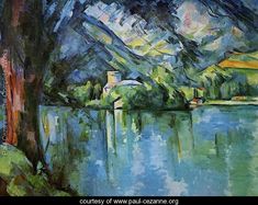 a painting of trees and water with mountains in the background