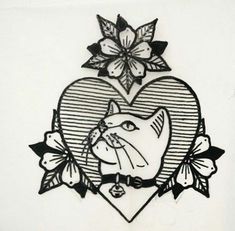 a drawing of a cat in the shape of a heart with flowers and leaves around it