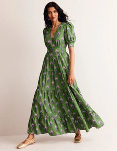 Bella Puff Sleeve Maxi Dress - Green Tambourine, Passion Bud | Boden US Puff Sleeve Maxi Dress, Chic Prints, High Waisted Cropped Jeans, Boden Dress, Blazer Jeans, Tambourine, Maxi Robes, Summer Wedding Dress, Sleeve Maxi Dress