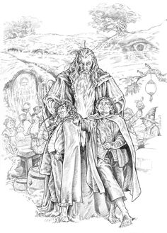 a black and white drawing of an old wizard sitting on a bench with his child