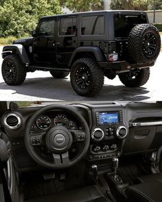 the inside and outside view of a jeep with black interior, steering wheel controls and dashboard