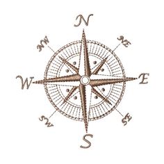 an embroidered compass with the letter s in gold on white paper, and some other letters around it