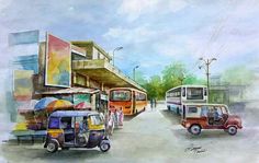 Bus Stand Drawing In Perspective, Bus Stand Memory Drawing, Human Composition, Composition Sketch, Bird Pencil Drawing, Memory Artwork, Village Scenery, Jeep Wallpaper