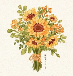 a bouquet of sunflowers tied to a ribbon