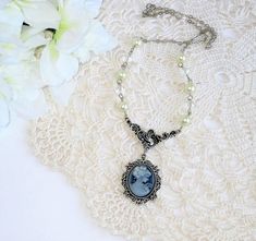 Blue Cameo Necklace Beaded Necklaces Cameo Jewelry Cameo | Etsy Blue Cameo Necklace For Wedding, Bohemian Cameo Necklace For Gift, Cameo Bracelet, Cameo Jewelry, Jewelry Blue, Eyeglass Chain, Cameo Necklace, Fish Hook Earrings, Cameo Brooch