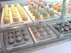 a display case filled with different types of cupcakes