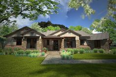 this is an artist's rendering of the front elevation of a modern house plan