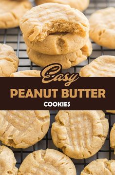 easy peanut butter cookies on a cooling rack with text overlay that reads easy peanut butter cookies