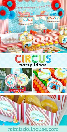 circus party ideas including cupcakes, cake and candy