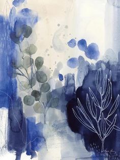 an abstract painting with blue and white colors