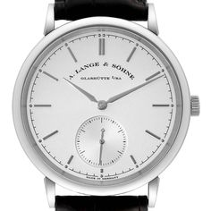 A. Lange and Sohne Saxonia White Gold Silver Dial Mens Watch 380.026. Automatic self-winding movement. 18k white gold case 38.5 mm in diameter. Exhibition sapphire case back. . Scratch resistant sapphire crystal. Silver dial with 18k white gold alpha-style hands, baton hour markers and a small seconds sub-dial at 6 o'clock. Black alligator leather strap with signed 18k white gold tang buckle. Timeless White Gold Watch With Subdials, Timeless White Gold Watches With Subdials, Classic Chronometer Watch For Formal Occasions, Classic Formal Watch With Chronometer, Classic Formal Watches With Chronometer, Elegant White Platinum Watch, Classic Round Watches With Polished Finish, Classic Polished Finish Watches, Silver Platinum Chronometer Watch