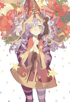 an anime character with purple hair and flowers on her head, holding a star in her hand