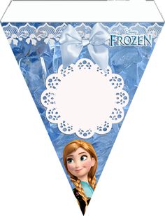 a frozen princess birthday party banner with a white lace border and a blue bow on top