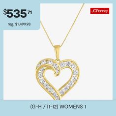 Features: Adjustable Chain, Quick ShipDiamond Clarity: I1-I2Jewelry Closure: Spring Ring ClaspSetting: ChannelShape: HeartStone Cut: RoundDiamond Color: G-HMetal Color: YellowChain Length: 18 InchExtender Length: 2 InchPendant Length: 25.8mmPendant Width: 19.7mmRounded Carat Weight: 1 Ct. T.w.Chain Construction: BoxCare: Wipe CleanStone Type: 20 Lab Grown DiamondAuthenticity: Lab Grown DiamondBirthstone: April BirthstoneMetal: 10k GoldNecklace Type: Pendant NecklacesCountry of Origin: Imported Diamond Heart Cut Necklace, Yellow Gold Hallmarked Jewelry, Yellow Gold Double Heart Jewelry, Hallmarked Yellow Gold Jewelry, White Heart Necklace With Diamond Accents, Heart Charm Necklaces For Anniversary, Yellow Gold Heart Necklace Fine Jewelry, White Jewelry With Hallmark, Open Heart Necklace With Hallmark