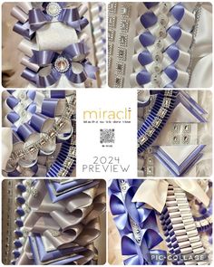 several different pictures of blue and white ribbons with diamonds on them, including the words miracii