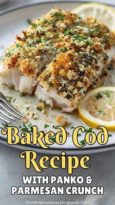 baked coq recipe with panko and parmesan crunch on a plate