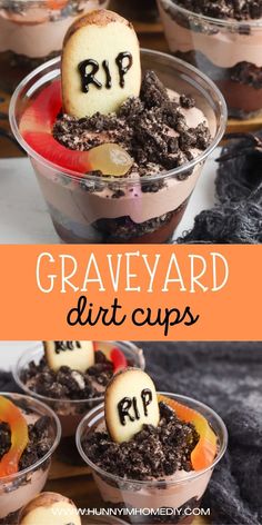 halloween graveyard dirt cups with tombstones in them and the words graveyard on top are shown